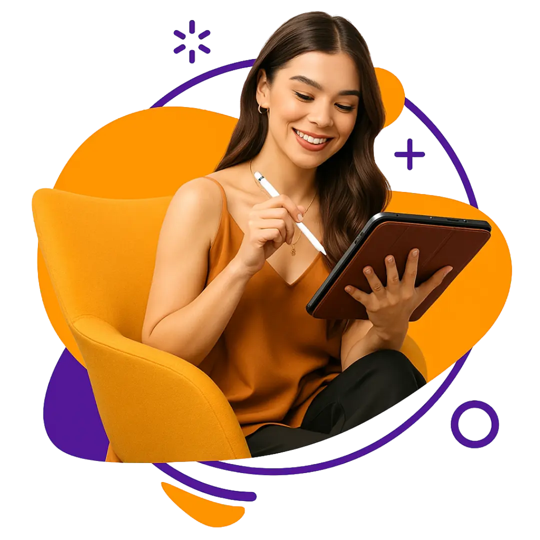 A Happy Woman Learning English from HolaEnglish Academy from her iPad.